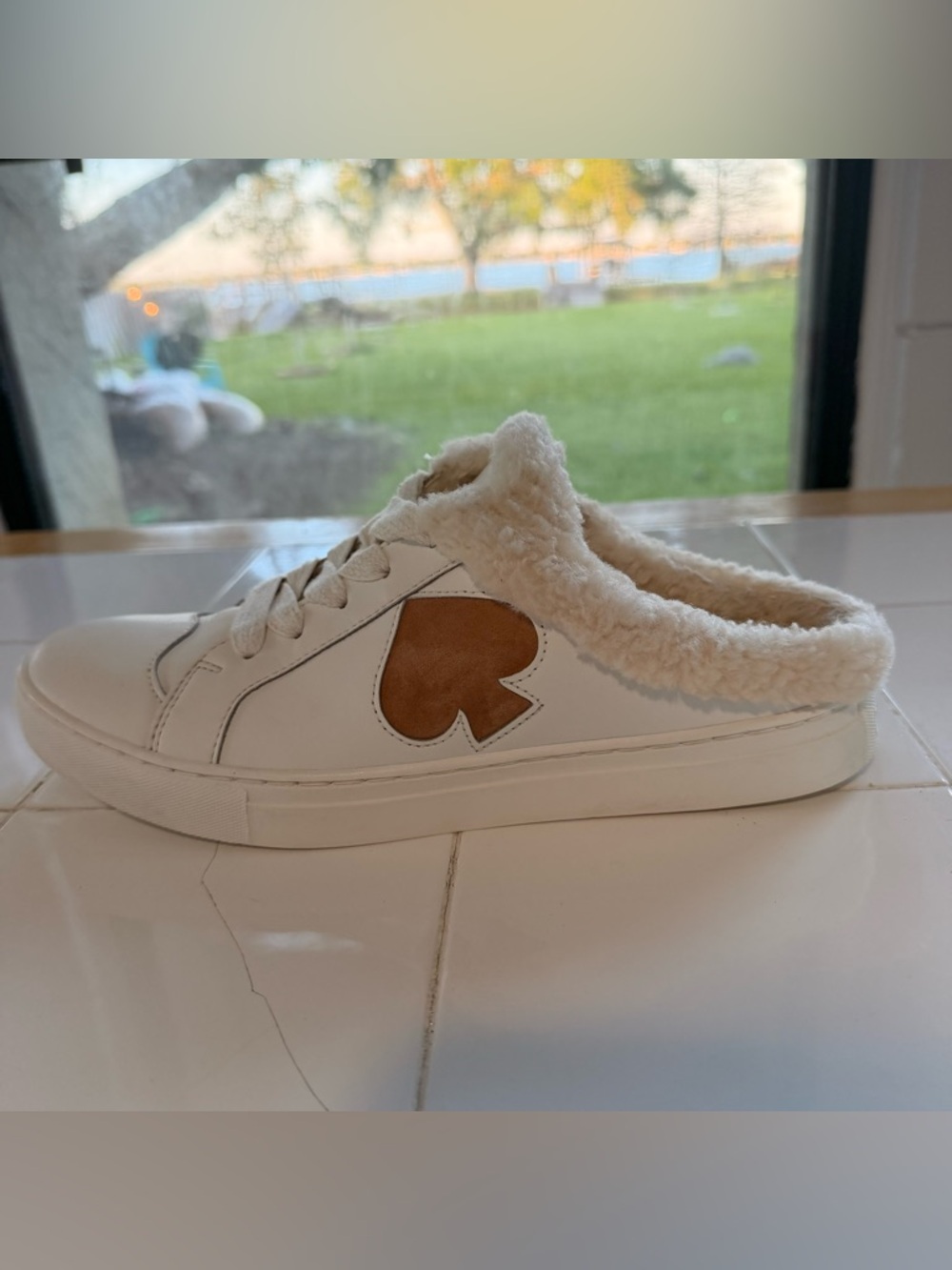 Kate Spade White Slip-On Sneaker Mule w/ Shearling Lining and Brown Heart Accent